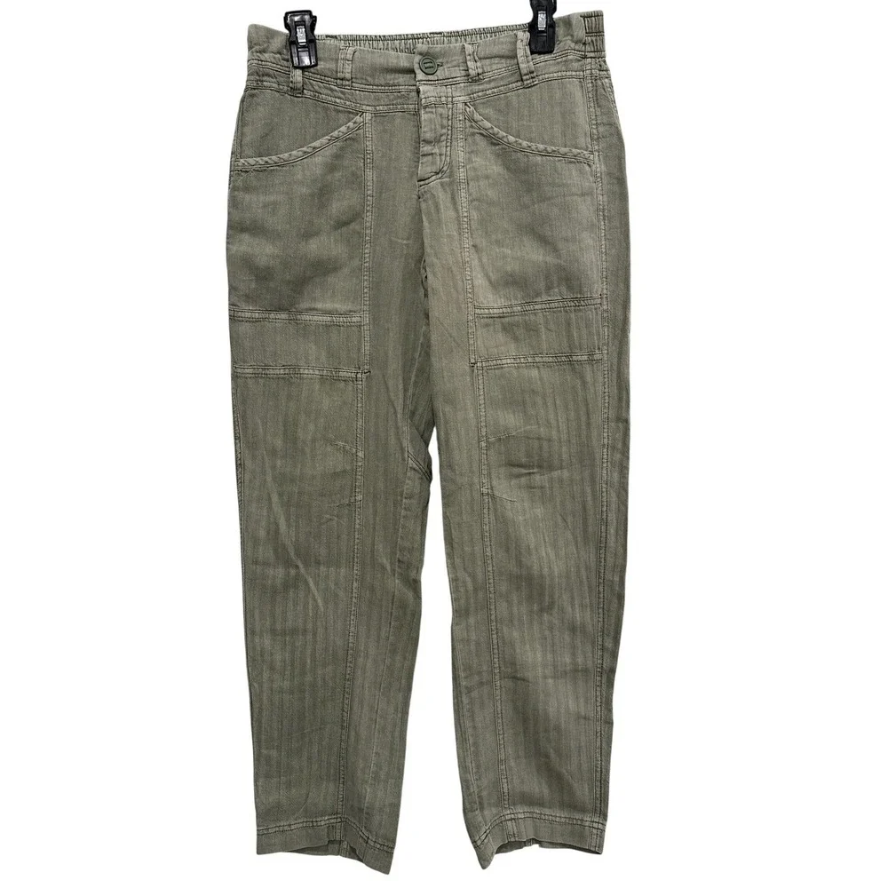 Free People Women Small Sage Green Herringbone‎ Linen Cotton Blend Utility Pants